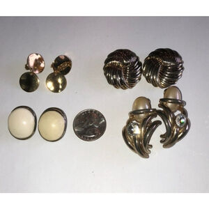 4 Pairs Vintage Clip On Earrings Round Dome Shape Gold Tone Faux Pearl